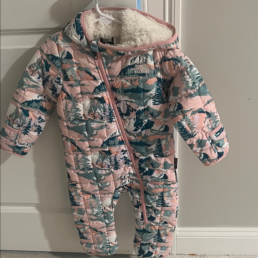 The North Face Quilted Hooded Infant One-Piece in Pink & Teal Scenic Print